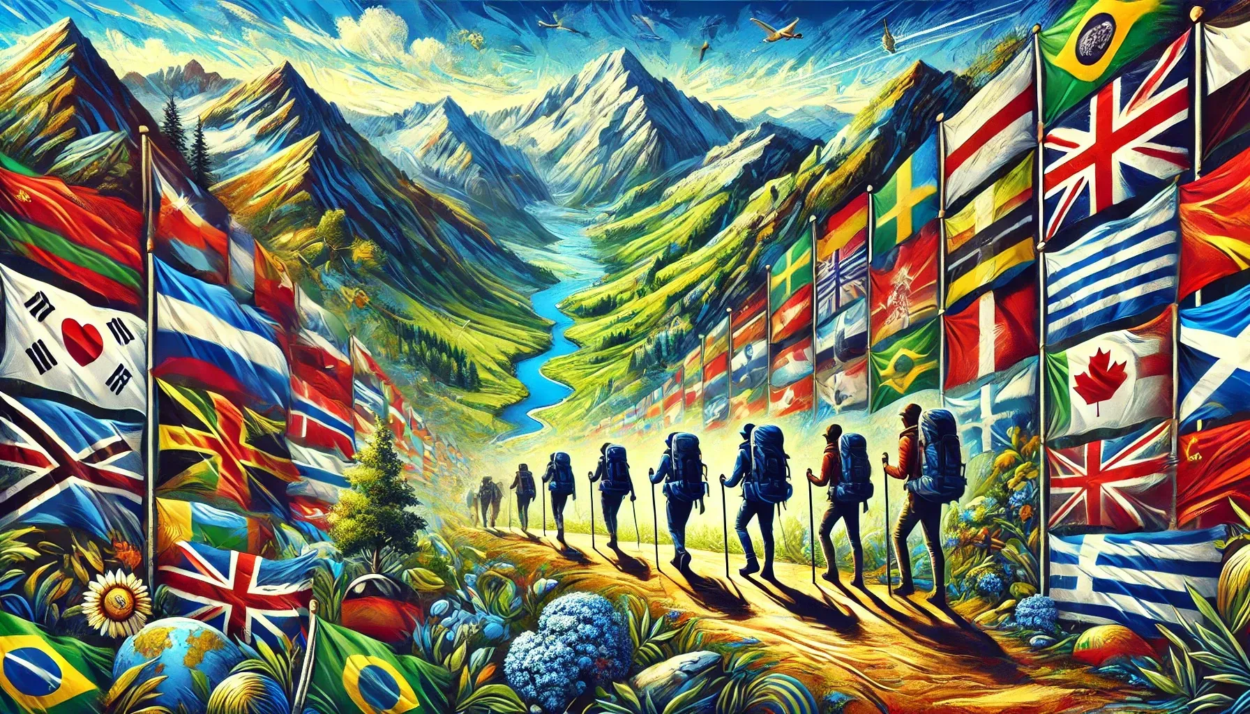 A vibrant illustration depicting a group of hikers walking along a scenic trail surrounded by flags from various countries, symbolizing global hiking activities. The landscape features majestic mountains, lush green valleys, and a winding river under a bright blue sky, emphasizing the unity of nature and international exploration