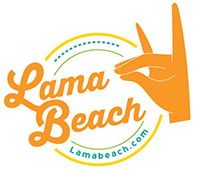 A logo for llama beach with an orange hand