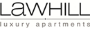 The logo for lawhill luxury apartments is black and white.
