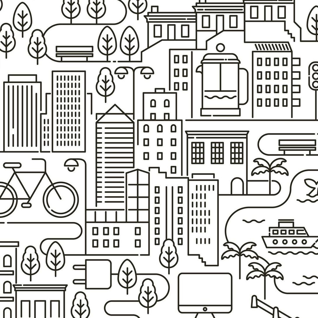 A black and white drawing of a city with buildings and trees.