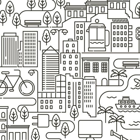 A black and white drawing of a city with buildings and trees.