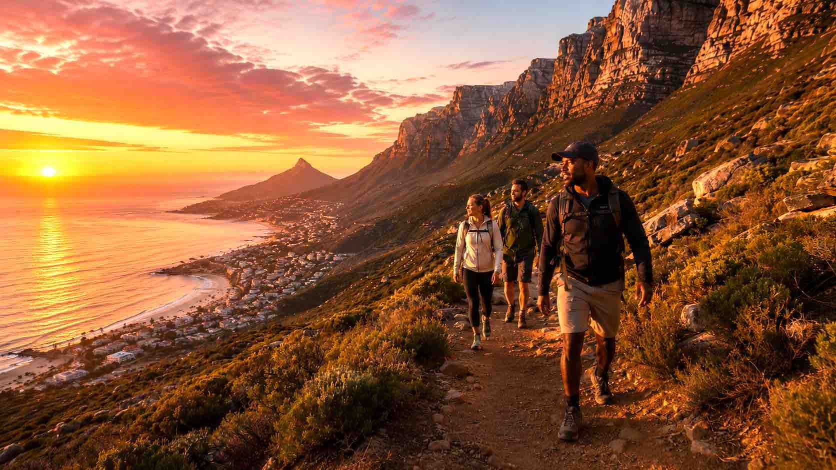 Hikers walking along a coastal cliff trail at sunset, with golden light over the ocean