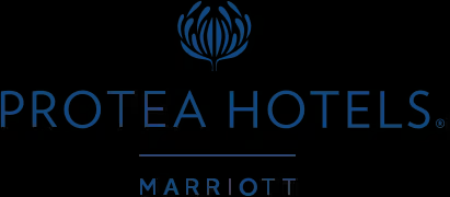 A blue logo for protea hotels marriott on a black background