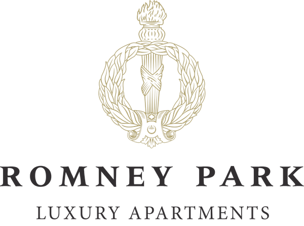 The logo for romney park luxury apartments has a torch and a wreath on it.