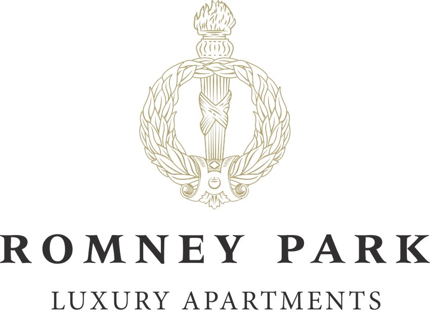 The logo for romney park luxury apartments has a torch and a wreath on it.