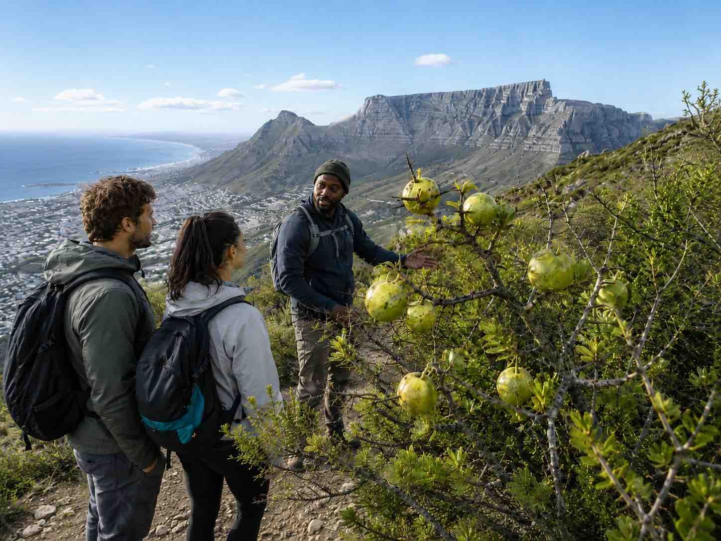 Two hikers on a mountain trail overlooking a coastal city and rocky peak under a clear sky, Sodom Ap