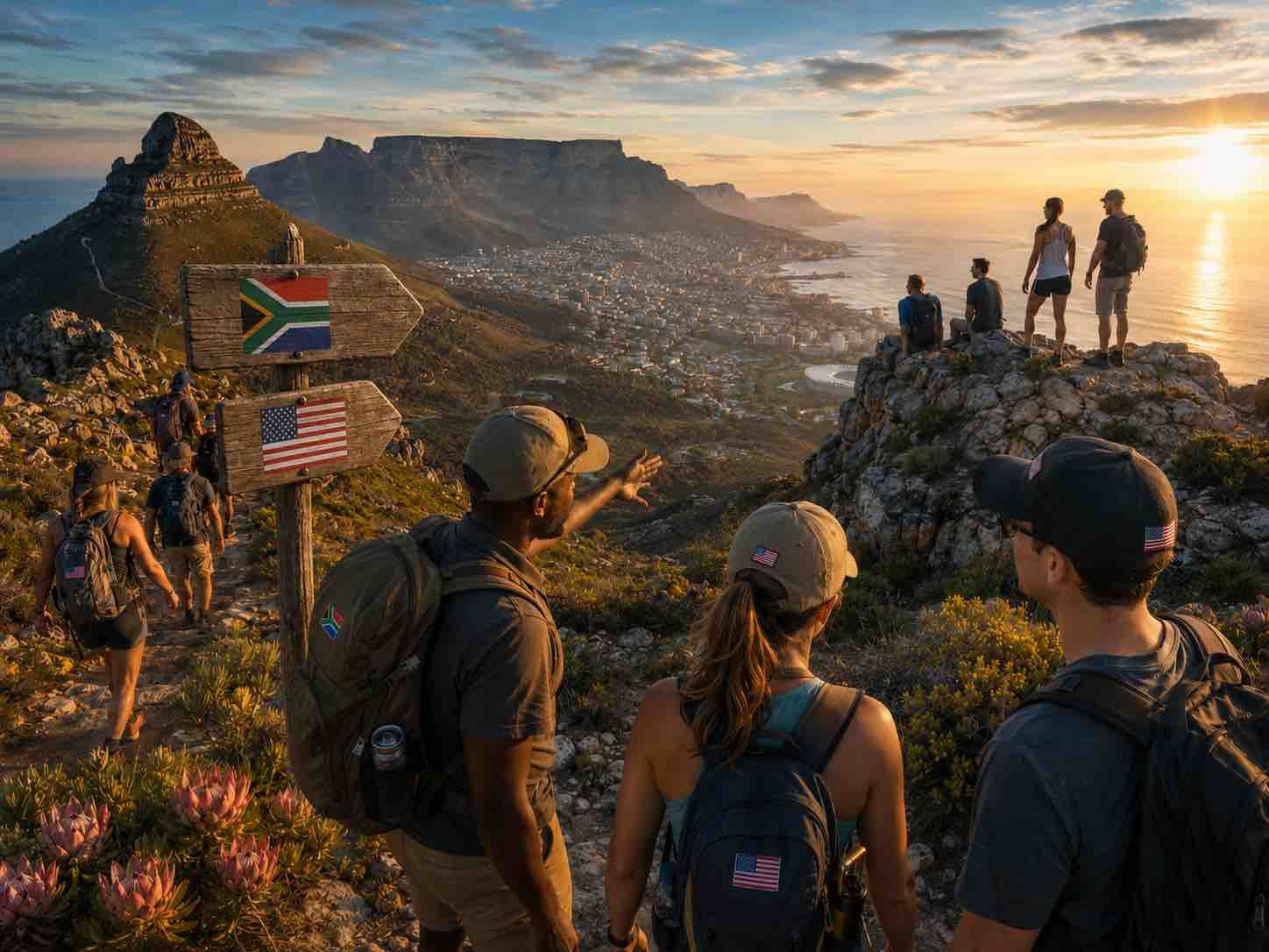 Hikers on a cliff trail overlooking a sunlit mountain valley and distant city skyline at sunset