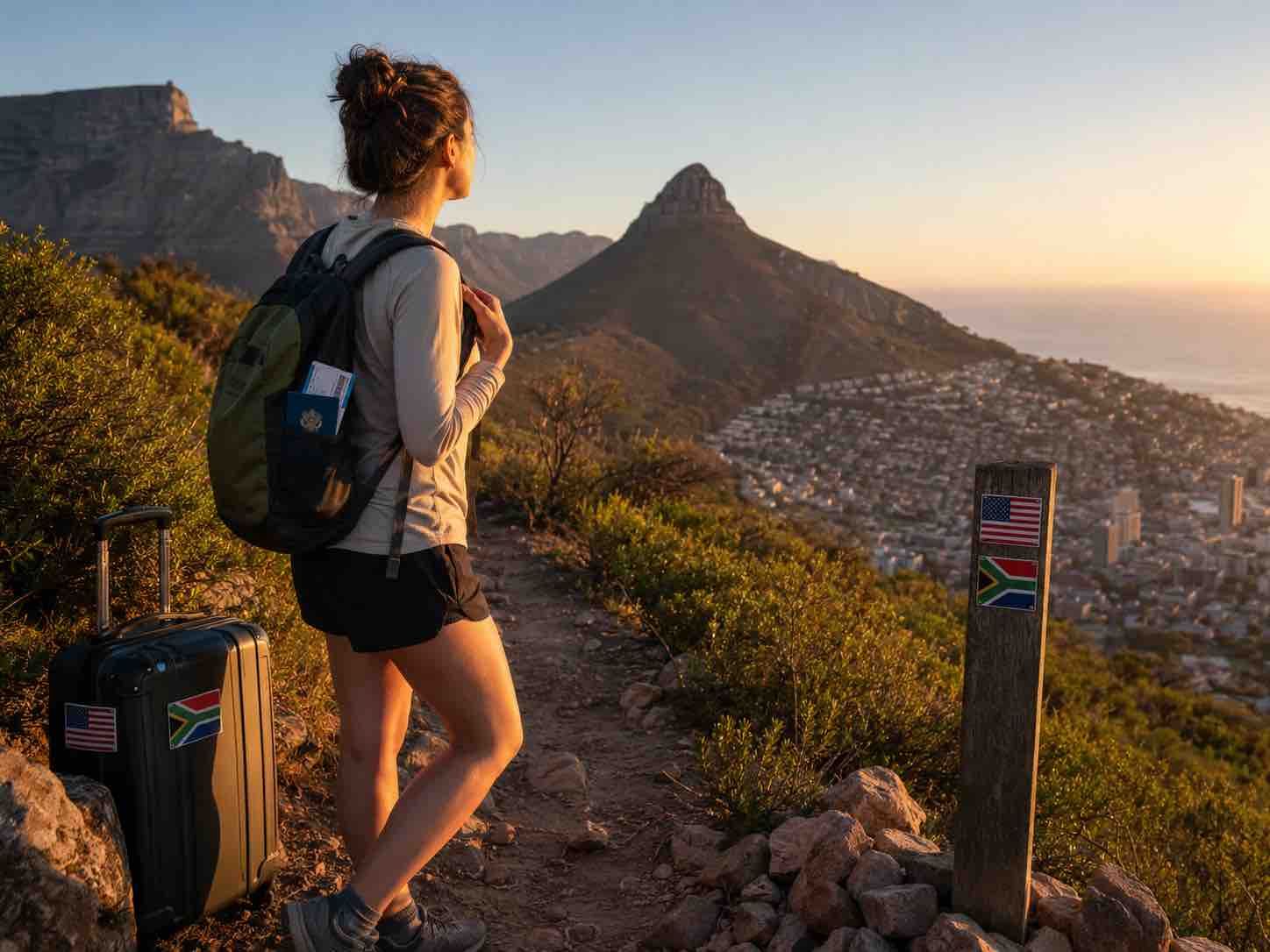 Three hikers on a mountain trail at sunset overlooking the ocean and a coastal city