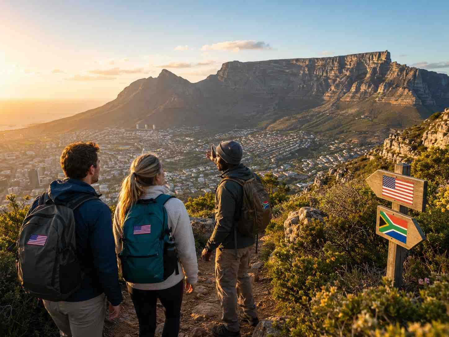 Three hikers on a mountain trail at sunset overlooking the ocean and a coastal city