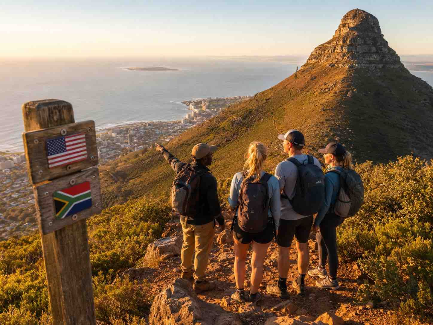 Three hikers on a mountain trail at sunset overlooking the ocean and a coastal city
