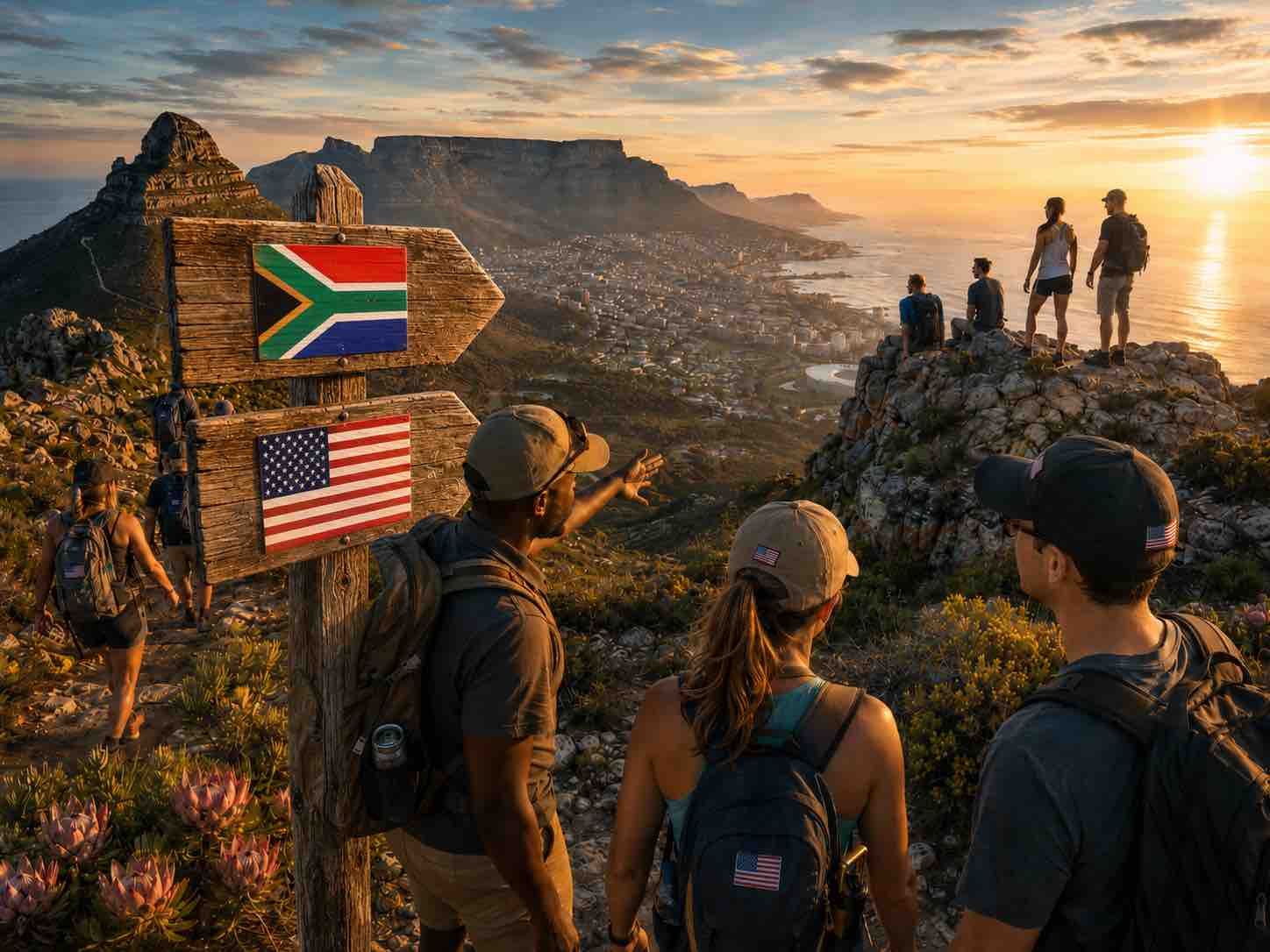 Hikers overlook a sunset valley beside signs for South Africa and the U.S.