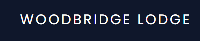 The logo for woodbridge lodge is on a dark blue background.