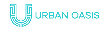 A logo for urban oasis with a blue u on a white background.