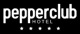 The pepper club hotel logo is white on a black background.