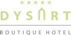 The logo for dysart boutique hotel is green and white.