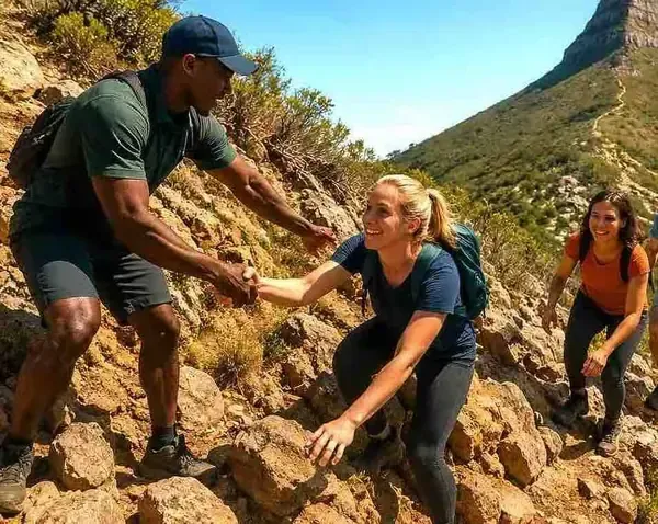 Three hikers climb a rocky trail, helping each other up a steep mountainside.