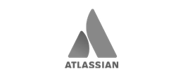 Atlassian logo: A stylized "A" shape with a triangle and curved shape, gray text "ATLASSIAN" below.