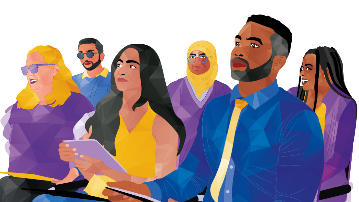 Group of people, diverse, looking attentively. Some hold papers. Soft colors; purple, yellow, and blue are prominent.