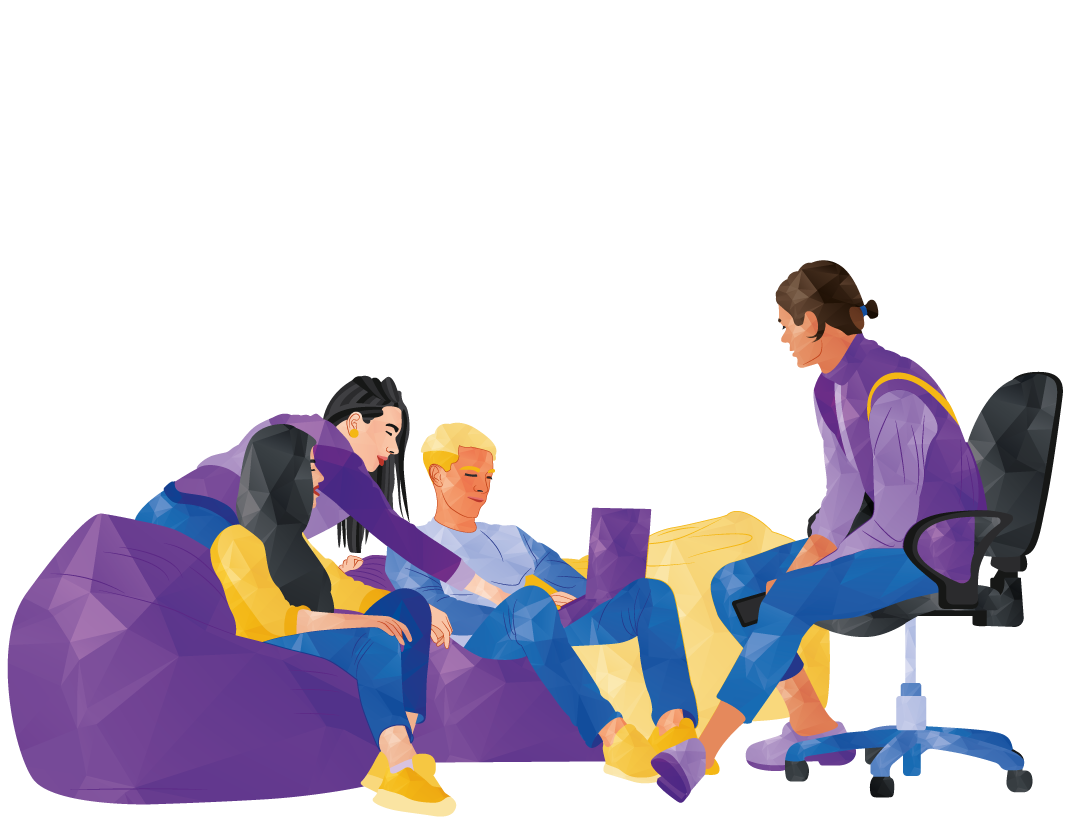 Four people in casual clothes, one on office chair, others on beanbags, having a discussion.