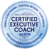 Blue seal: Certified Executive Coach from the Center for Executive Coaching; text includes “world-class training” and website address.