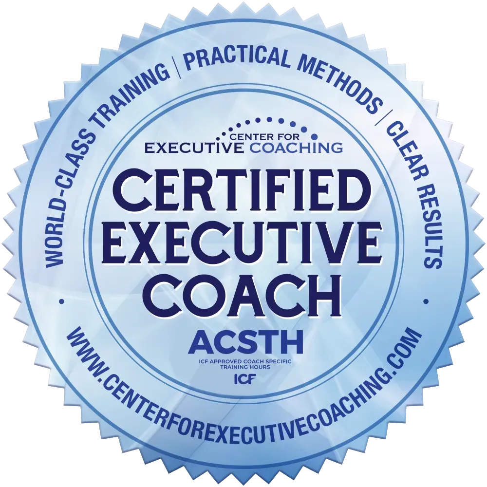 Blue seal: Certified Executive Coach from the Center for Executive Coaching; text includes “world-class training” and website address.
