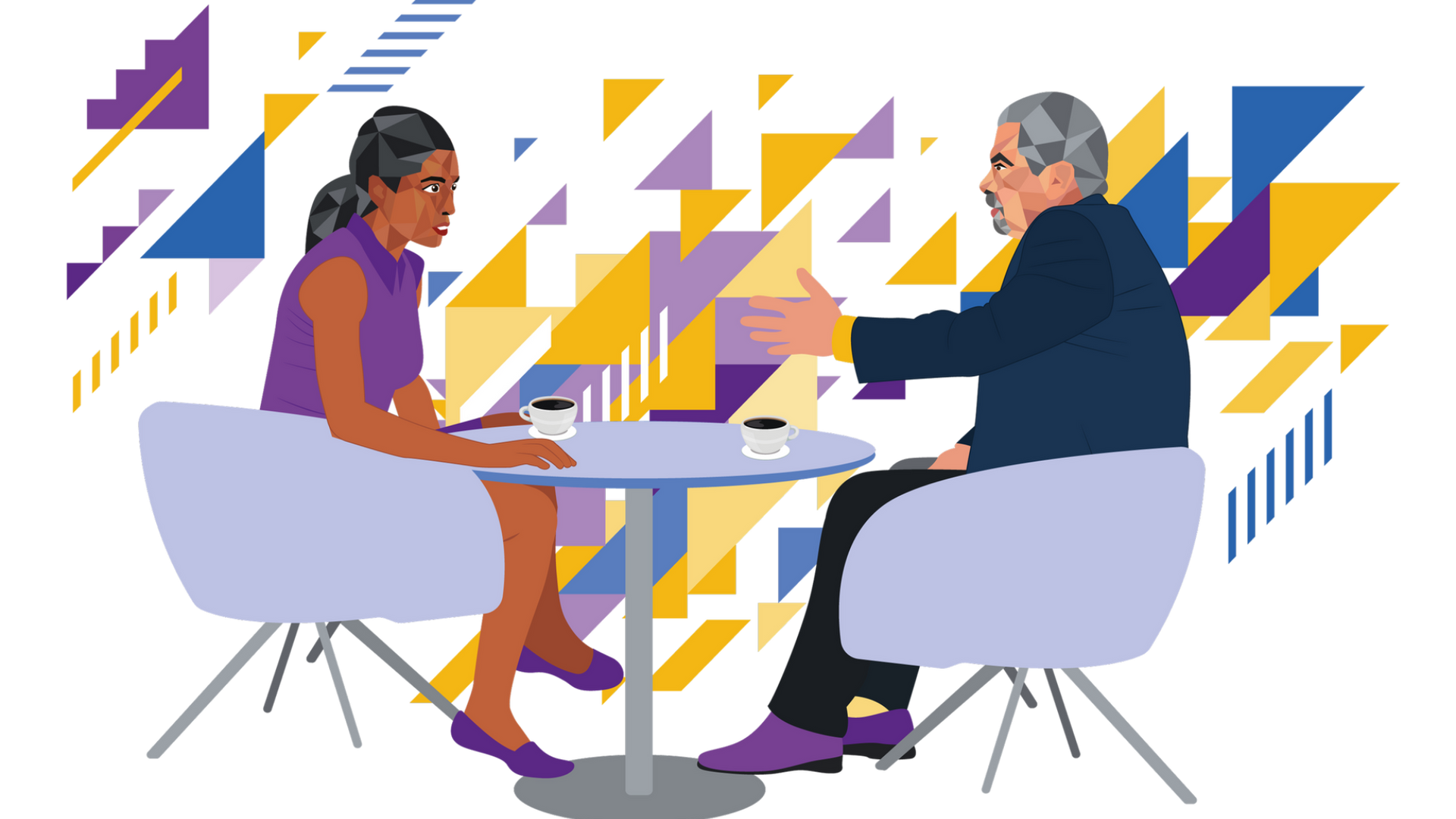 Two people at a table, coffee cups present. Man gestures as if talking; woman appears to listen. Abstract background.