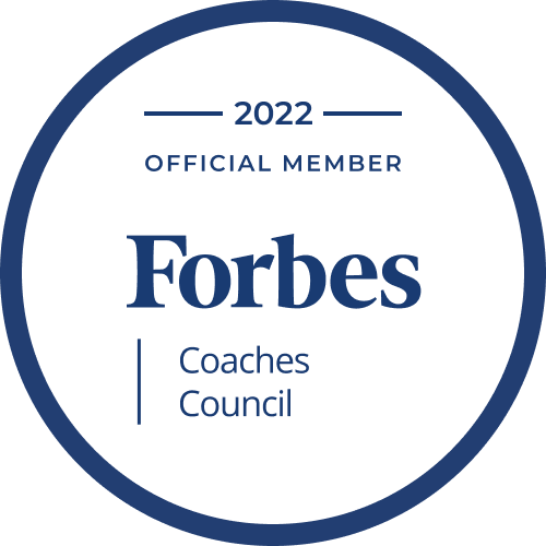 Official Forbes Coaches Council member badge, blue and white circular design.