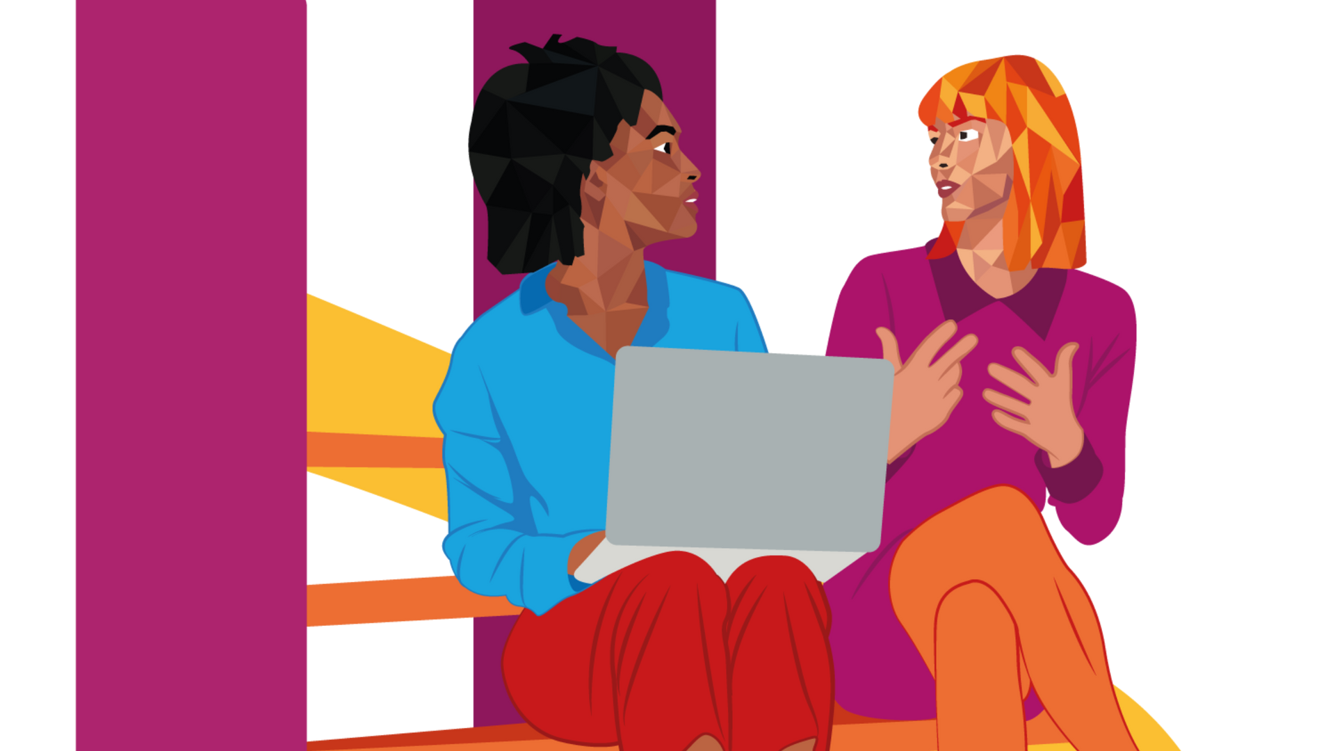 Two people sitting together with a laptop; one points while the other gestures, in front of a colorful backdrop.