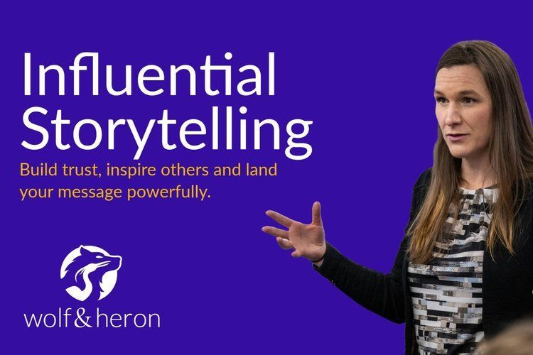 Woman speaking, title "Influential Storytelling" over a purple background. Wolf & Heron logo is displayed.