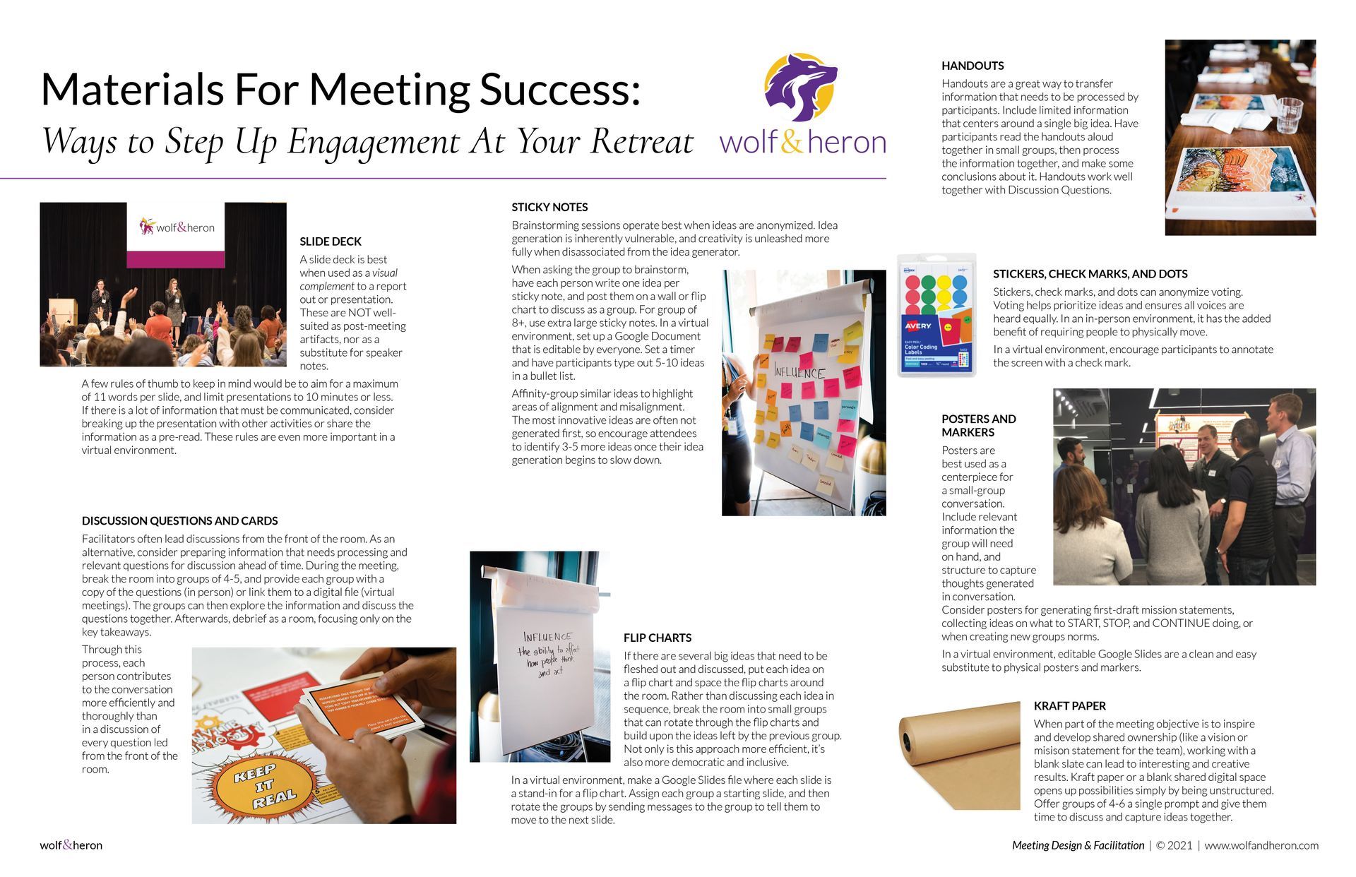 Meeting materials guide: brainstorming wall, treats, colorful sticky notes, craft supplies, and attendees.
