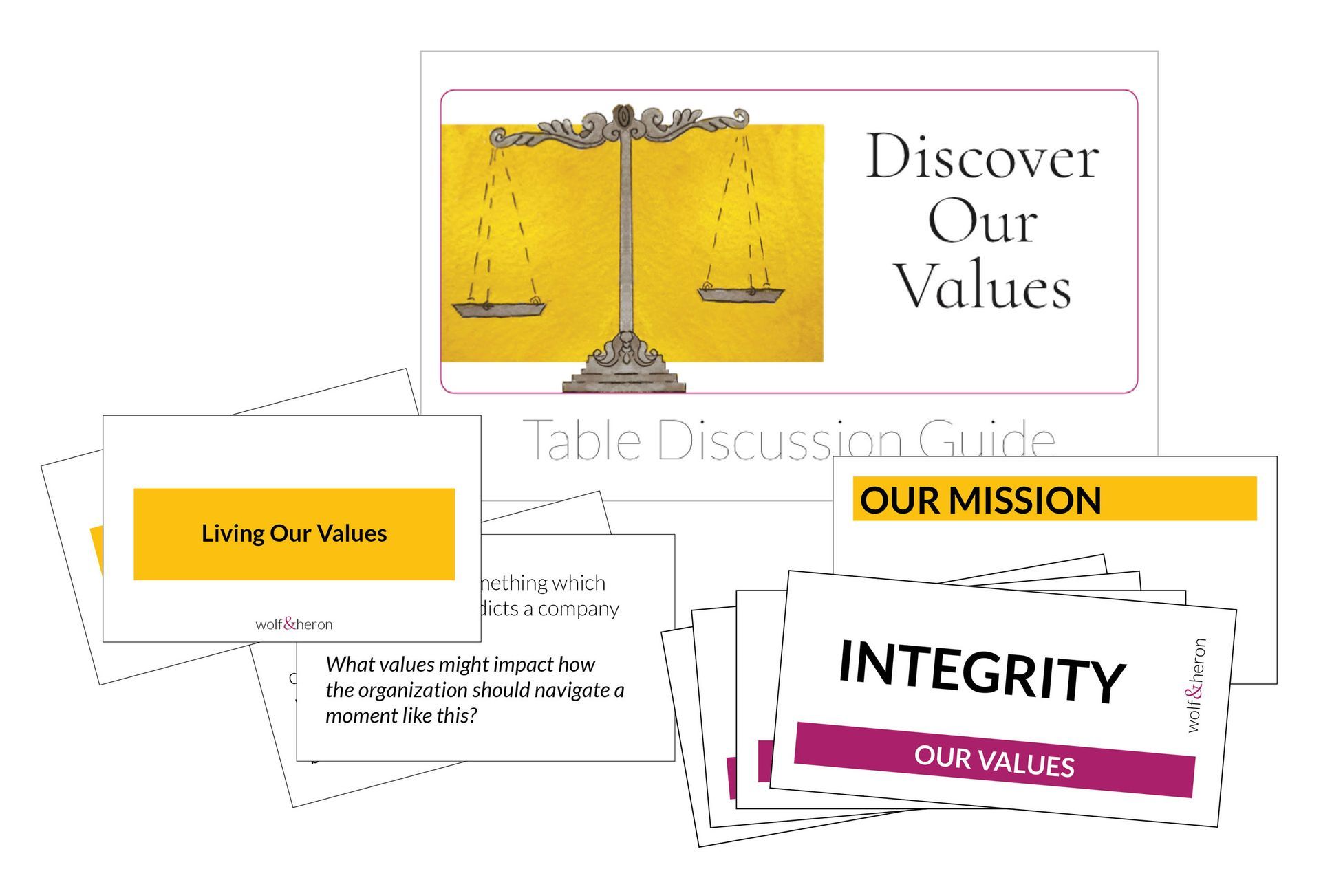 Cards for discovering and living values, featuring scales, mission, and integrity.