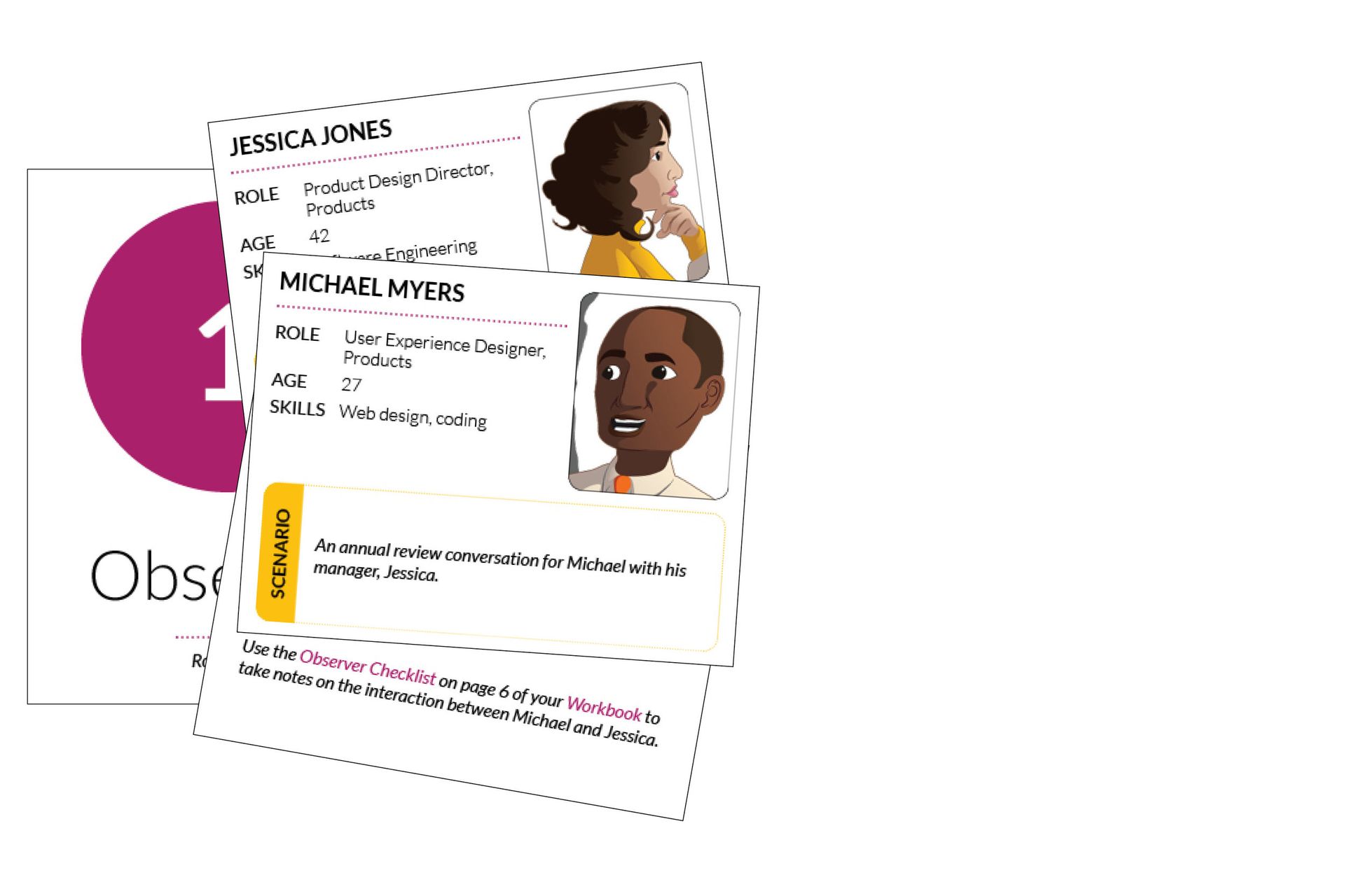 Cards with names and descriptions. Jessica Jones and Michael Milan profiles.