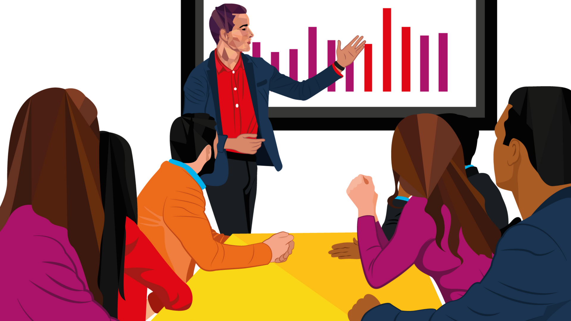 Two people, one with a laptop, conversing outdoors; pink and yellow background.