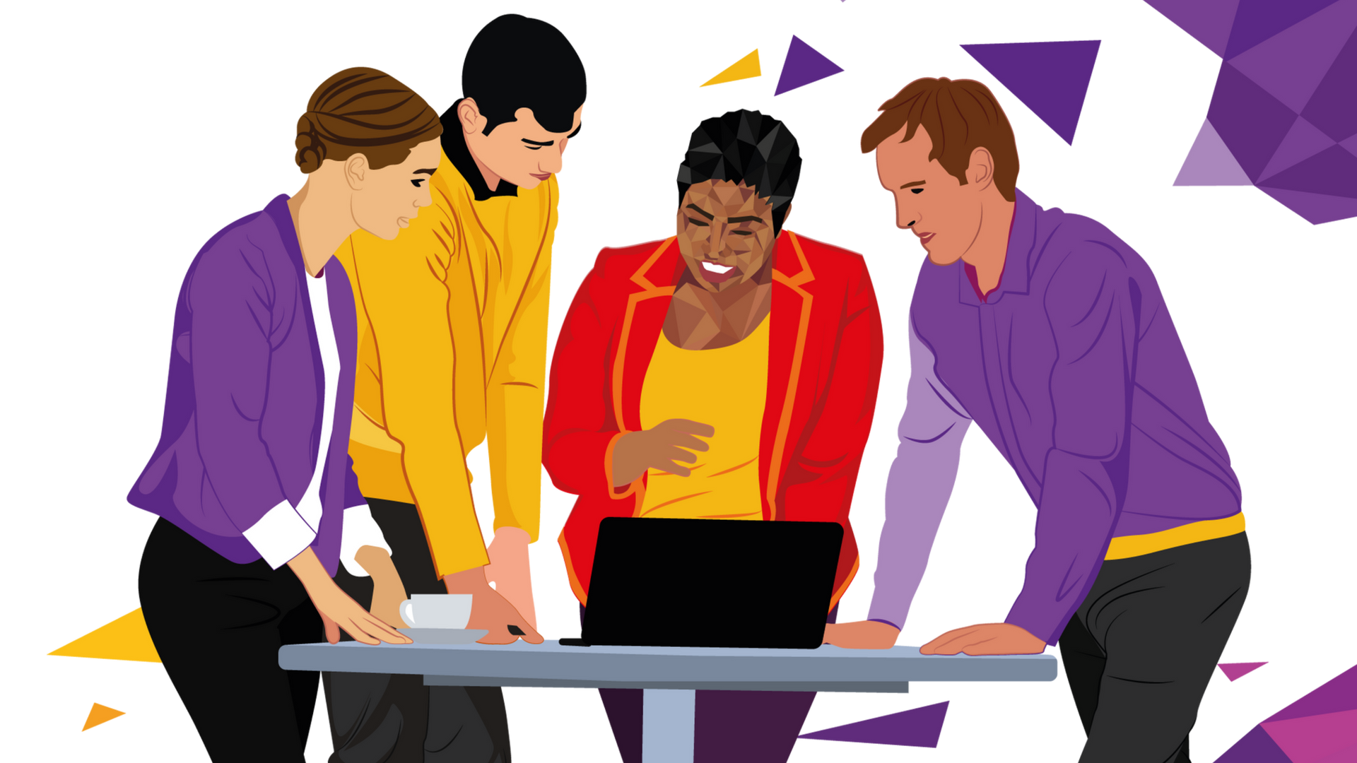 Group of people around a laptop, smiling. Some wearing purple jackets, yellow shirts. White background, abstract purple shapes.