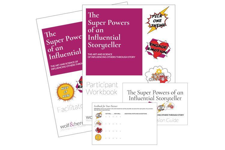 Materials for "The Super Powers of an Influential Storyteller" workshop, including workbooks and guide with comic-style graphics.