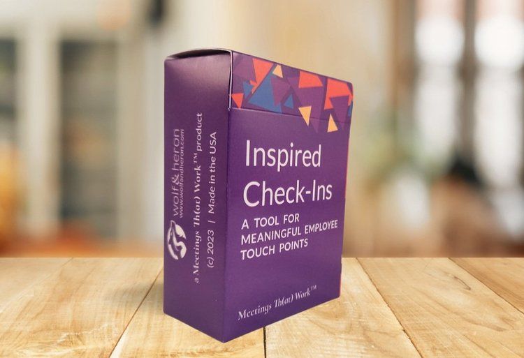 Purple box of "Inspired Check-Ins" cards for employee touch points, with geometric design.