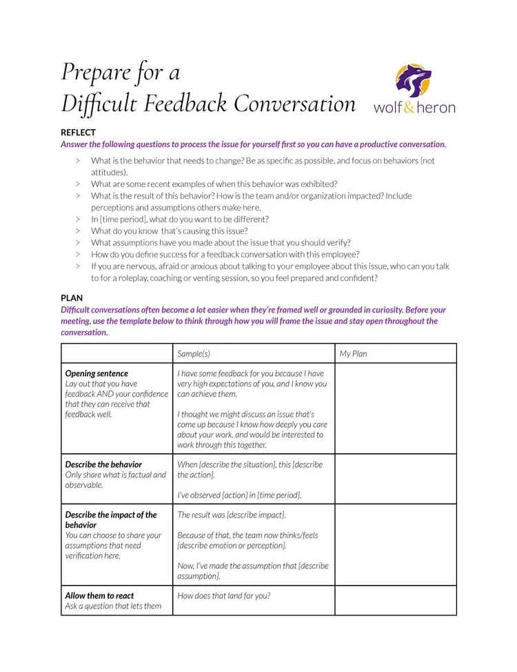 Worksheet: Prepare for a Difficult Feedback Conversation; outlines for reflection, and plan.