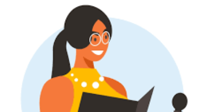 Woman with glasses giving a speech from a podium, smiling. Yellow shirt, black hair in ponytail, reading a book.