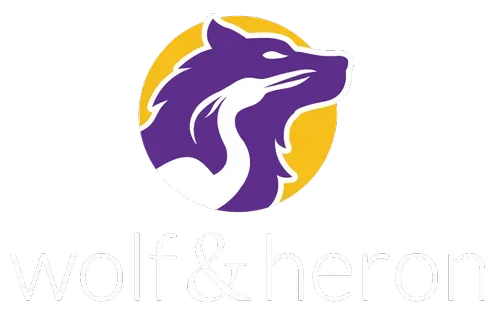 Purple wolf and white heron within a yellow circle;