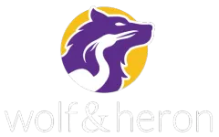 Purple wolf and white heron within a yellow circle; 