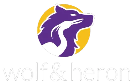 Purple wolf and white heron within a yellow circle; 