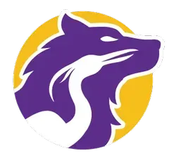 Purple wolf and white heron logo inside a yellow circle.