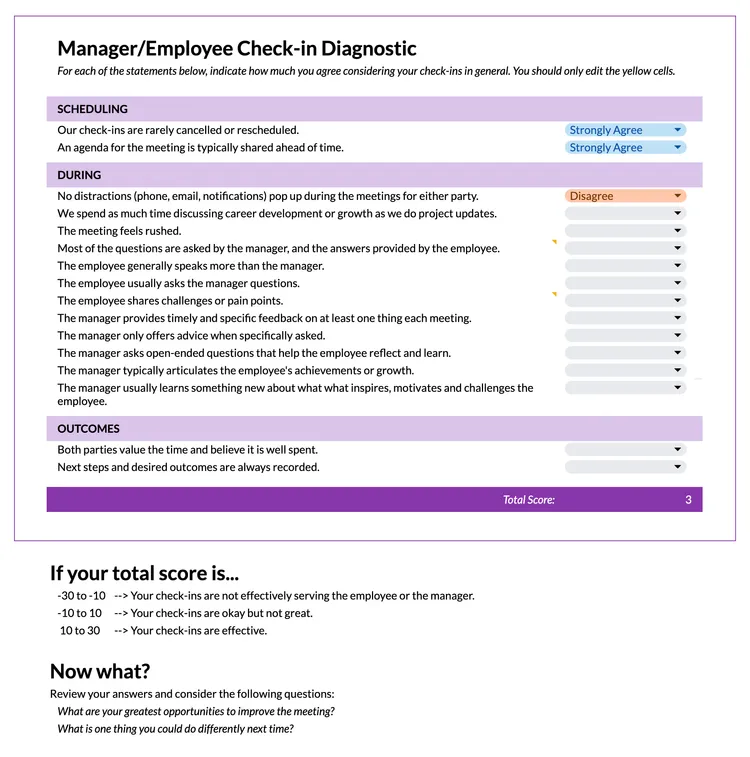 Check-in diagnostic with scheduling, during, and outcomes sections. It has scoring based on total answers.