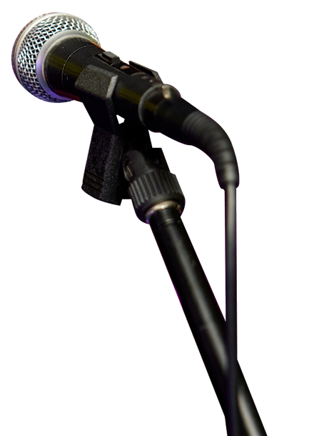 Microphone on a black stand, angled up. Silver mesh head, black body, and cable.