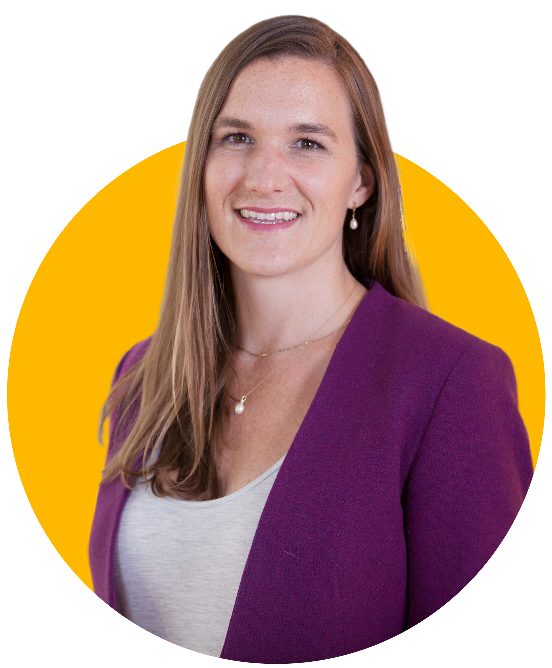 Woman with long brown hair, wearing a purple blazer, smiling, set against a yellow circle.