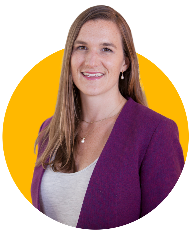 Woman with long brown hair, wearing a purple blazer, smiling, set against a yellow circle.