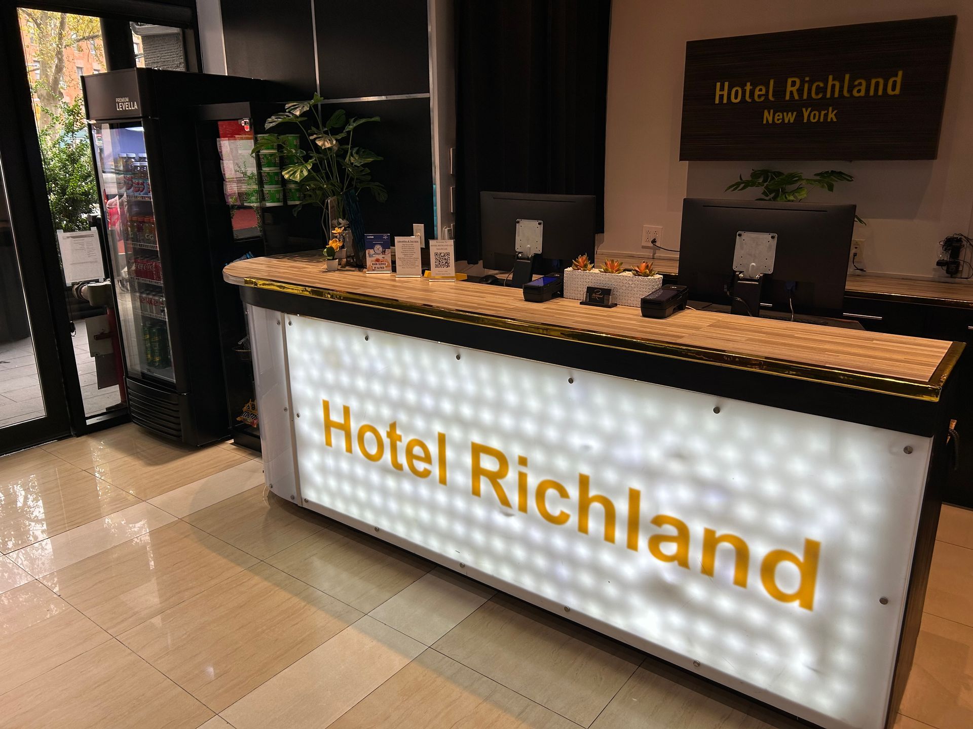 Hotel reception desk with backlit 