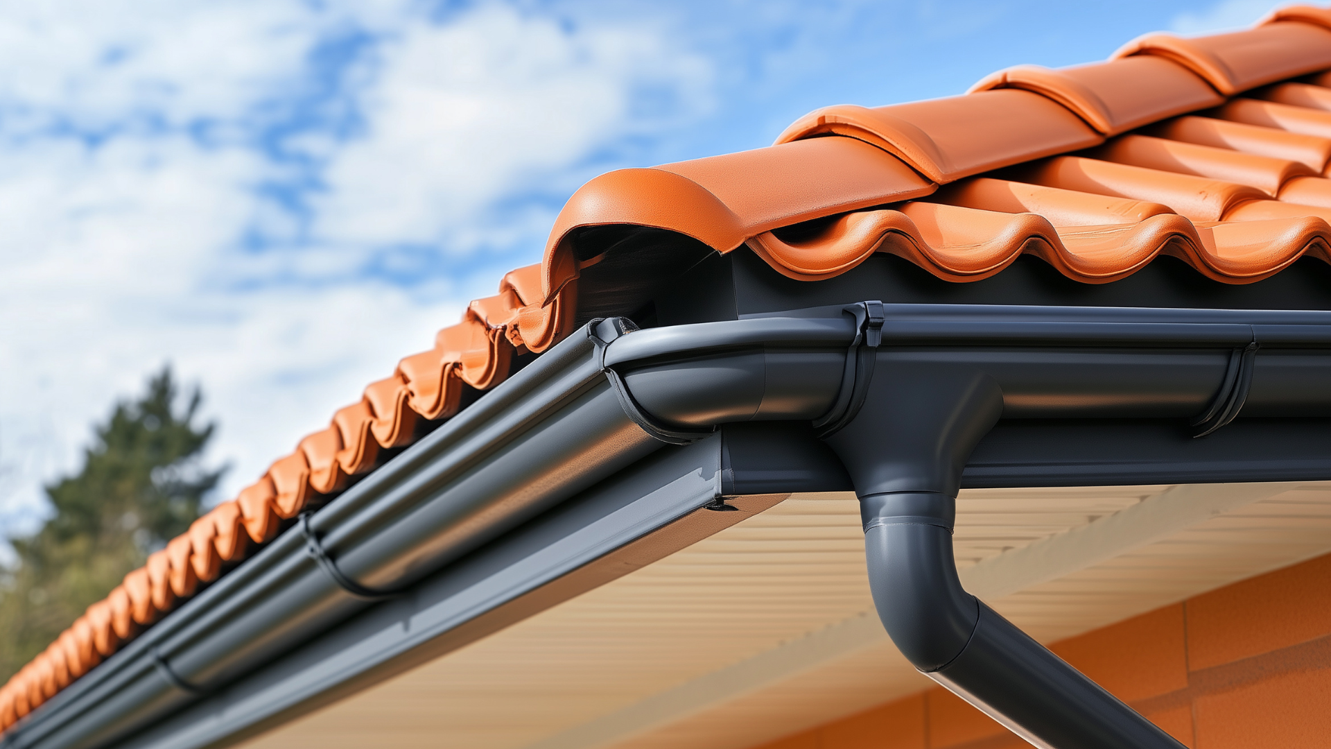 Black rain gutters along a terracotta tile roof, against a cloudy sky.