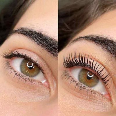 Comparison of a left eye with unlifted eyelashes and a right eye with lifted eyelashes.