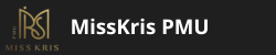 Logo for MissKris PMU, gold graphic with initials 
